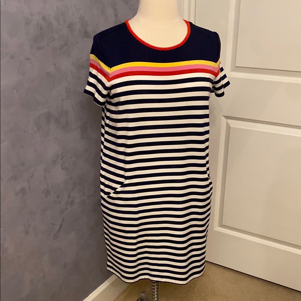 Striped Navy Dress with Red and Yellow Accents